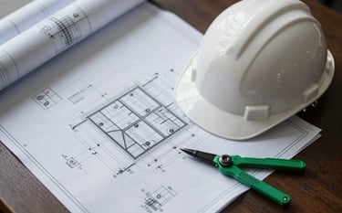 Top-down view of engineering blueprints on a desk next to a white hard hat and technical green drafting tools. Elegant, modern, and professional atmosphere.