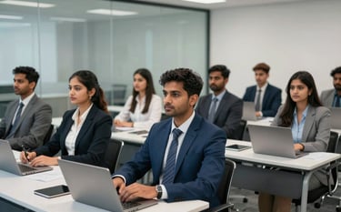 A group of young South Asian / Indian professionals participating in a corporate training workshop in a sleek glass-walled room, featuring high-quality photography with a focus on Professional Steel Blue and Light Greyish White surroundings.