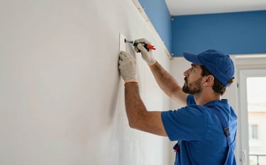 A clean interior scene of a professional installer working on a smooth plasterboard wall in a Southern European / Spanish apartment. Bright lighting and steel blue accents in the environment.