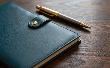 Close-up of high-quality leather documents and a premium gold-trimmed pen on a dark wood table. Sophisticated, warm lighting that emphasizes texture and exclusivity. Global / Spanish-speaking professional environment. Palette features dark teal and gold.