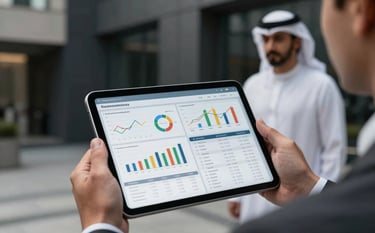 A sophisticated close-up of a tablet showing real estate charts and investment data, held by a professional in a Middle Eastern / Turkish corporate environment. The background features high-end architectural elements in dark charcoal and grey tones.
