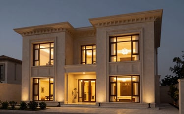 Exterior shot of a stunning luxury villa with modern Middle Eastern / Turkish architecture at dusk. Warm lighting glows from large windows, set against a dark charcoal evening sky, conveying exclusivity and high-end living.