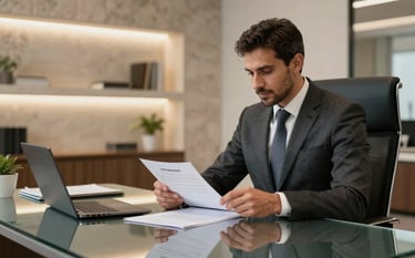 A professional real estate consultant in a modern Middle Eastern / Turkish office setting, reviewing property contracts on a sleek glass desk. The atmosphere is professional and sophisticated, with soft lighting and accents of warm stone beige and grey.