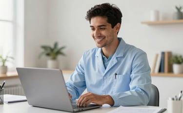 A South American dentist professionally dressed, smiling on a high-definition laptop screen during a video call. The background is a modern, clean home office with soft, natural lighting. The color palette features light blue and off-white tones, emphasizing clinical trust and modern digital accessibility.