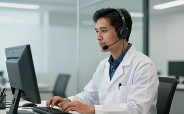 A professional South American health consultant wearing a headset and a white clinical coat, working in a bright, modern office with glass walls. The scene reflects high-quality care and clinical precision, using professional lighting and a palette of dark blue and light grey.
