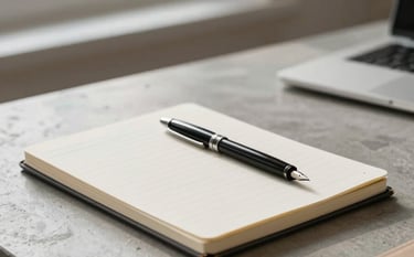 A clean, minimalist workspace in Bergamo, a closed notebook with a fountain pen on a concrete desk, soft morning light filtering through a window, negative space.