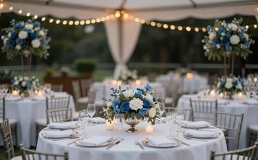 An elegant North American wedding reception venue at dusk. Blurred warm lights in the background, a focus on a table with white linens and steel blue floral arrangements, capturing the essence of a formal, high-stakes social occasion.