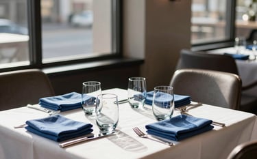 A high-end North American restaurant interior with sunlight streaming through large windows, focusing on a beautifully set table for two with empty chairs, featuring steel blue napkins and light greyish blue water glasses, reflecting a calm and professional social atmosphere.