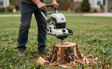 A high-powered stump grinder efficiently removing a large stump in a clean residential lawn. The image shows wood chips being contained, highlighting the clean job site philosophy. Uses earthy tones and deep greens #1A2C21 to emphasize reliability.