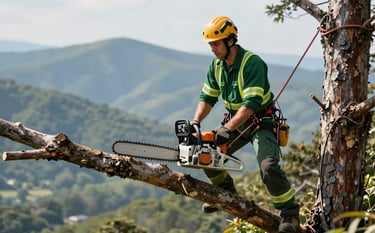A professional tree removal scene featuring an arborist in high-visibility safety gear using a chainsaw on a large limb. The composition is grounded and serious, with the Blue Ridge mountains visible in the hazy background. Lighting is clear daylight. Incorporates deep greens #1A2C21 and warm gold accents in the equipment.