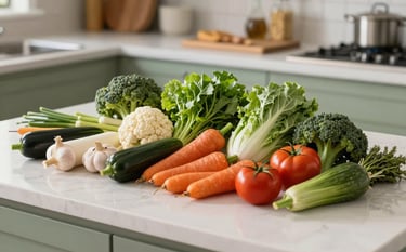 A bright North American / US kitchen counter displaying a vibrant array of fresh, whole vegetables and gluten-free ingredients. The shot is clean and professional with a natural feel, using sage green and tan accents in the background.