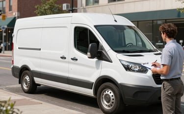 A professional white service van with clean branding parked neatly on a city street in North America. A technician is seen handing a clipboard to a satisfied customer. The background is a clean urban environment under a clear sky, conveying convenience and efficiency.