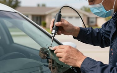 A close-up photograph of a professional technician in a clean uniform using a high-precision resin tool to repair a small rock chip on a car windshield. The scene is set in a bright North American suburban driveway during the day. The lighting is clear and natural, emphasizing the professional and reliable service.