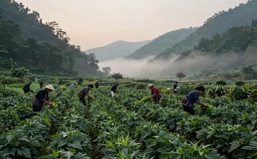 A wide-angle landscape photograph of a lush herbal garden in a misty valley. Local residents in traditional dress are harvesting green plants. The foliage is a rich dark forest green, and the morning sky is a soft pale cream. The style is clean, modern, and trustworthy.
