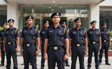 A group of professional South Asian / Indian security guards standing in a disciplined line in front of a modern corporate entrance. They are wearing crisp dark navy uniforms with professional badges. The lighting is sharp, bright daylight, emphasizing a sense of order and safety.