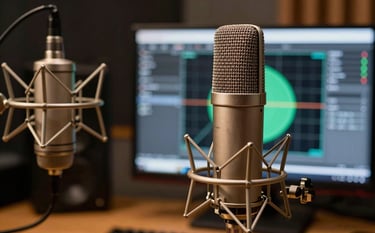 Professional large-diaphragm condenser microphone in a dimly lit broadcast studio in Mainland China. The scene is illuminated with warm amber light hitting the metal surfaces. In the background, a blurred computer monitor displays a precise polar pattern graph. Sharp focus, high technical detail, professional photography.