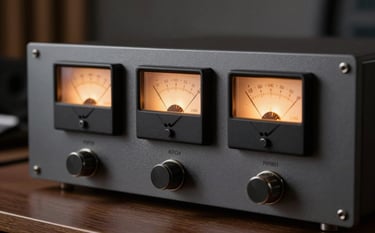 Close-up of a high-end rack-mounted microphone preamplifier in a Chinese studio. Analog VU meters glow with a soft amber light. The dark grey metallic texture of the equipment is sharp and clean. Professional studio setting, realistic lighting, zero-rendering style.