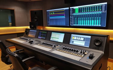 Wide shot of a professional audio control room in Mainland China. Dark grey ergonomic console with amber backlighting under the shelves. Multiple high-resolution screens display complex audio signal routing diagrams. Clinical, precise, and high-quality studio atmosphere.