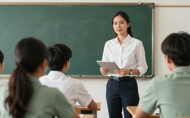 A passionate professional teaching in a modern Southeast Asian / Thai classroom, engaging with students. Bright, clear, and supportive atmosphere. Colors: forest green, soft off-white, sage green.