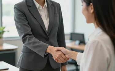 A supportive agency staff member warmly shaking hands with a happy newly-placed teacher in a professional, bright Southeast Asian / Thai office space. Trustworthy and reliable tone. Colors: dark slate grey, forest green, soft off-white.