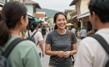A smiling, enthusiastic teacher exploring a vibrant Southeast Asian / Thai coastal town setting, interacting cheerfully with friendly locals. The mood is adventurous and inviting. Colors: dark slate grey, sage green, soft off-white.