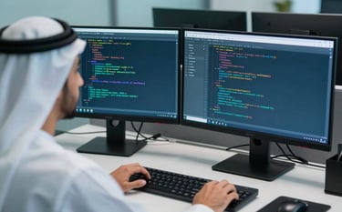 Over-the-shoulder shot of a software expert analyzing code on dual monitors in a high-tech Middle Eastern / Gulf corporate setting. The room uses a palette of Soft Sky Blue and Muted Teal Blue. Professional cinematic lighting.