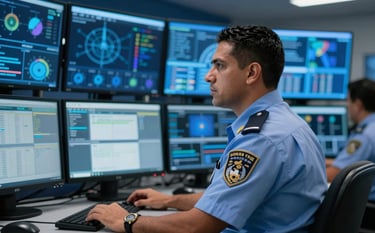 A professional Latin American security operator in a crisp uniform monitoring multiple high-tech displays in a sophisticated command center. Cinematic lighting, professional and safe atmosphere. Palette includes deep blue and light blue.