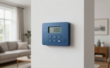 A sleek digital alarm keypad on a minimalist wall in a contemporary Latin American living room. The room is bright with soft natural lighting. Professional photography, secure and tranquil mood. Palette includes medium blue and white.
