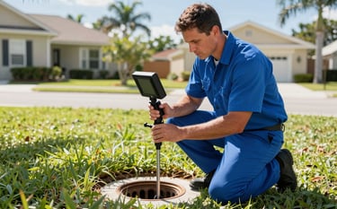 A professional plumbing technician in a North American / US - Florida residential setting, kneeling by a cleanout pipe and using a high-tech camera inspection monitor. The technician wears an ocean blue uniform. The background shows a well-kept suburban lawn under bright, clear Florida sunlight.