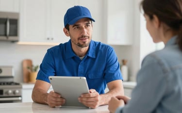 A reassuring professional plumber in a North American / US - Florida home, speaking with a client about service options on a tablet. The setting is a clean, modern kitchen with soft lighting and professional tones of ice white and ocean blue.