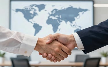 A close-up of a professional handshake between two business partners in a bright office. In the background, a digital world map is visible on a screen, using a sophisticated #1A202C and #2E5F7B aesthetic.