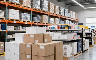 A high-angle professional photograph of an international shipping port at dusk, featuring organized stacks of shipping containers in shades of #2E5F7B and #1A202C. The lighting is crisp and modern, emphasizing global connectivity and industrial efficiency.