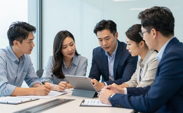 A collaborative team of professionals in a bright, modern North American / US conference room. They are looking at a tablet together, discussing analytics. The environment is clean with Alice Blue and Sky Blue highlights, conveying confidence and expertise.