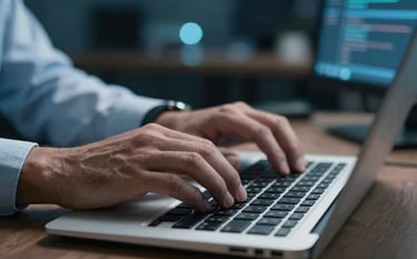 A close-up of a professional's hands typing on a sleek keyboard in a tech-focused North American / US office environment. The lighting is a blend of Sky Blue and Deep Sea Blue tones. The scene reflects innovation, reliability, and high-performance engineering.