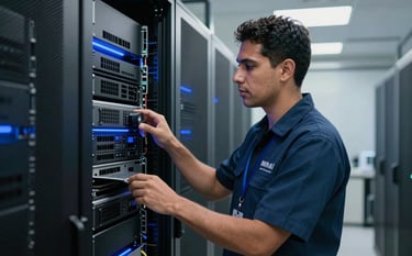 A technician wearing a professional uniform inspecting a server rack in a high-tech data center located in a Latin American / Hispanic corporate building, featuring deep ocean blue accent lights.
