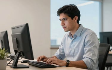 A focused professional in a modern Latin American / Hispanic office setting performing technical maintenance on a computer, bright and clean environment with soft off-white and bright sky blue lighting.
