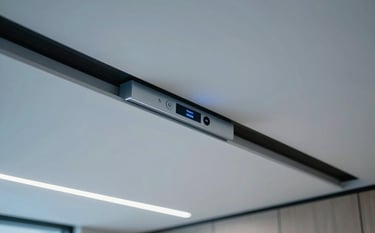 A view of high-tech recessed ceiling lights and smart control panels in a sleek Middle Eastern / Turkish corporate office. The color palette features steel blue and cool misty white tones.