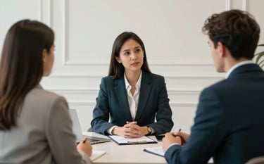 A calm, professional consultation setting in a high-end Brazilian law firm. Two clients engage in a focused, constructive conversation with their advocate. The background features clean lines, architectural detail, and a palette of off-white and charcoal teal, emphasizing trust.