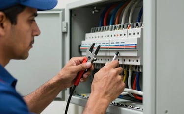 Close-up of a professional Latin American electrician's hands working on an electrical panel within a clean commercial environment. The setting is modern and orderly, using professional tools and exhibiting B2B standards.