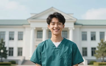 A student smiling confidently while standing in front of a prestigious white medical building. The scene is bright and airy, representing success and a supportive future. Colors used include subtle #4F7F8F in the sky and #0A362B in the student's apparel.