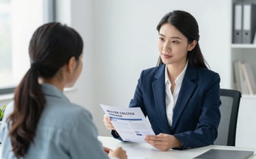 A professional and empathetic woman in business attire sits at a clean desk, showing a medical college brochure to a student. The background is a bright, modern office with soft lighting. Touches of #0A362B and #4F7F8F are visible in the decor, fostering a trustworthy and supportive atmosphere.