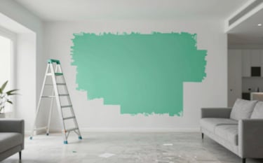 A wide angle shot of a bright, modern living room being decorated. A professional painter's ladder and drop cloths are visible. Clean lines, sleek style, with teal (#2A9D8F) and grey (#F5F8FA) tones throughout the space.