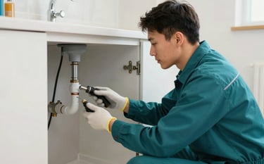 A professional handyman wearing a modern teal uniform (#2A9D8F) while performing maintenance on a residential plumbing fixture. The setting is a clean, modern home in Wrexham. The atmosphere is efficient and trustworthy, with a color palette incorporating #1A2C3D and #F5F8FA.