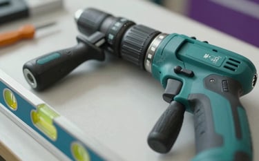 A close-up shot of professional high-quality hand tools including a drill and spirit level, arranged neatly on a workbench. The lighting is bright and clean, conveying competence. Subtle teal (#2A9D8F) and purple (#6A5B73) accents in the background.