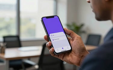 A close-up of a professional in an office in Mumbai, South Asian business attire, holding a high-end smartphone. Natural sunlight filters through large windows. The phone screen reflects soft indigo and light gray tones from a fintech app interface.