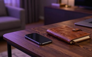 A premium workspace in a modern South Asian apartment. A sleek smartphone sits on a dark oak desk next to a professional leather notebook. The room is lit with warm, moody ambient lighting featuring deep purple and indigo accents. Soft focus on a clean, professional interior.