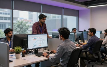 A high-tech software design studio in Bangalore, South Asia. Modern ergonomic furniture and glass partitions. A diverse group of South Asian developers are discussing product architecture near a window. Cinematic office lighting with subtle purple hues.