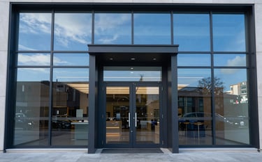 A wide shot of a modern glass and steel commercial storefront entrance, with dark charcoal aluminum frames and clean glass, reflecting a bright steel blue sky.