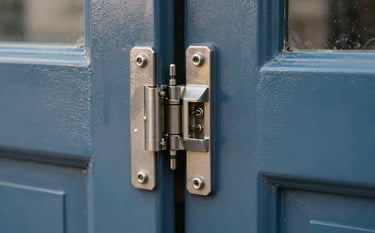 A close-up photograph of a robust security door frame in steel blue, highlighting a complex multi-point locking system and reinforced steel hinges, professional and secure lighting.