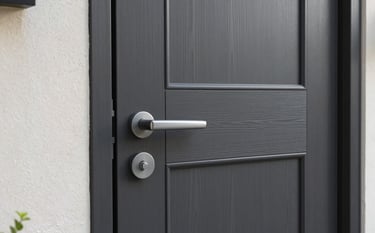 A high-end modern residential front door in dark charcoal, featuring premium wood grain texture and a sleek soft silver-grey handle, set against a clean off-white stone wall in bright, natural daylight.
